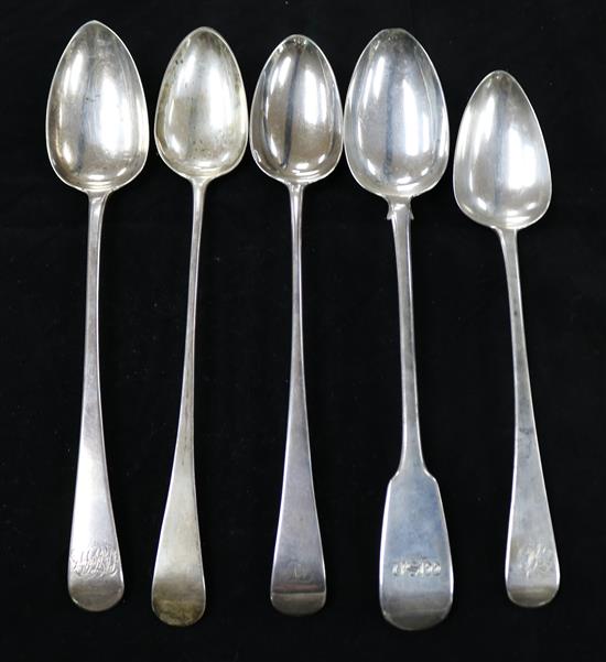 Four Georgian silver Old English pattern basting spoons and one fiddle pattern basting spoon, 16 oz.